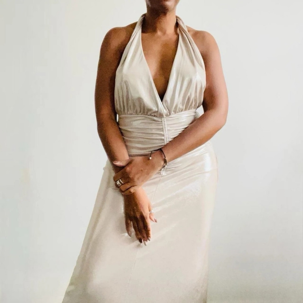 Zara cava metallic long halter dress